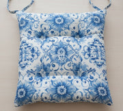 Cuscino Coprisedia in Cotone Drill "Mediterraneo" | Fantasia Blu su Bianco | Con Laccetti - BUBULLINA