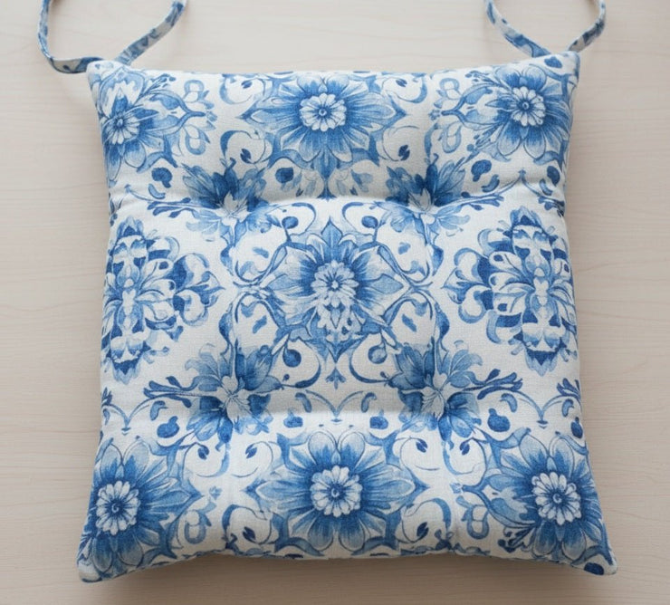 Cuscino Coprisedia in Cotone Drill "Mediterraneo" | Fantasia Blu su Bianco | Con Laccetti - BUBULLINA