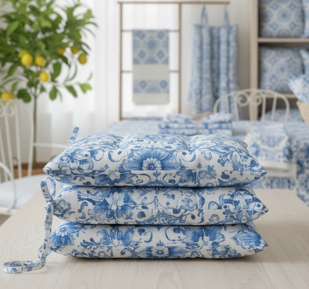 Cuscino Coprisedia in Cotone Drill "Mediterraneo" | Fantasia Blu su Bianco | Con Laccetti - BUBULLINA