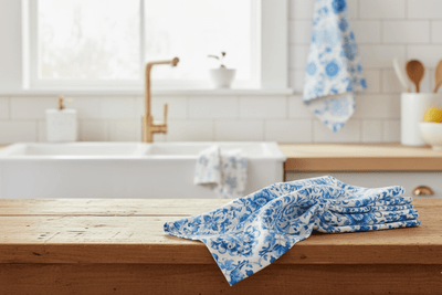 Set 3 Strofinacci in Cotone Drill "Mediterraneo" | Fantasia Blu e Bianco - BUBULLINA