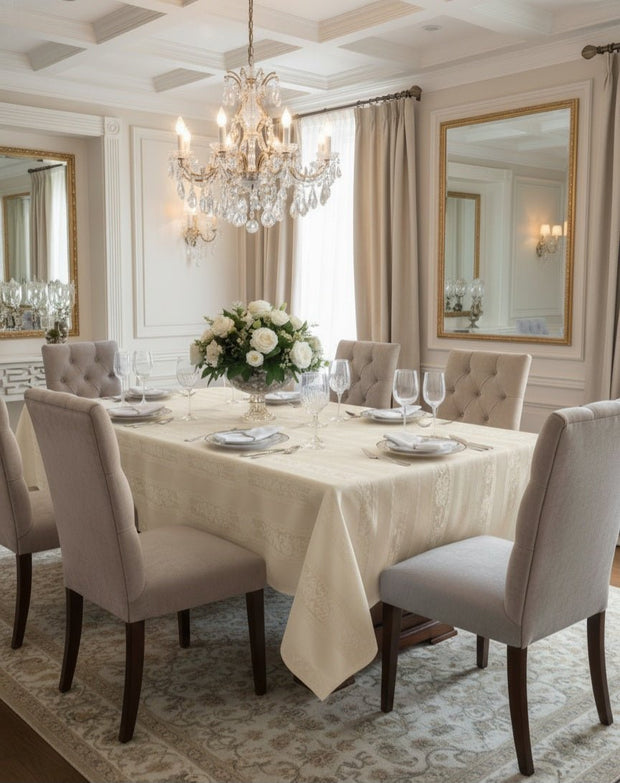 Tovaglia di Lusso RUBINO Jacquard Misto Lino - Design Tela Aida - Su Misura (Bianco/Avorio) - BUBULLINA