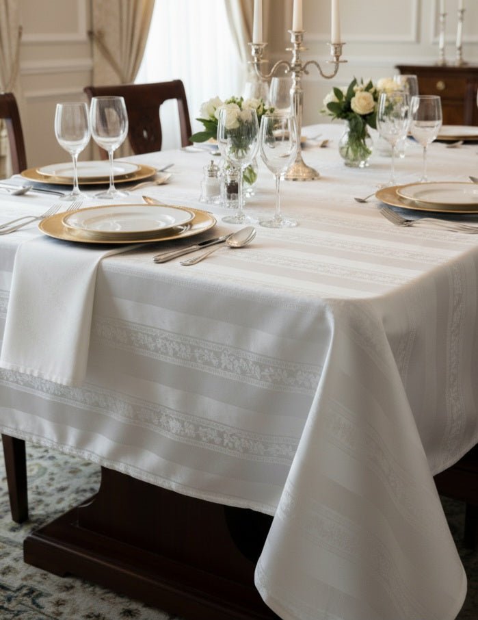 Tovaglia di Lusso RUBINO Jacquard Misto Lino - Design Tela Aida - Su Misura (Bianco/Avorio) - BUBULLINA